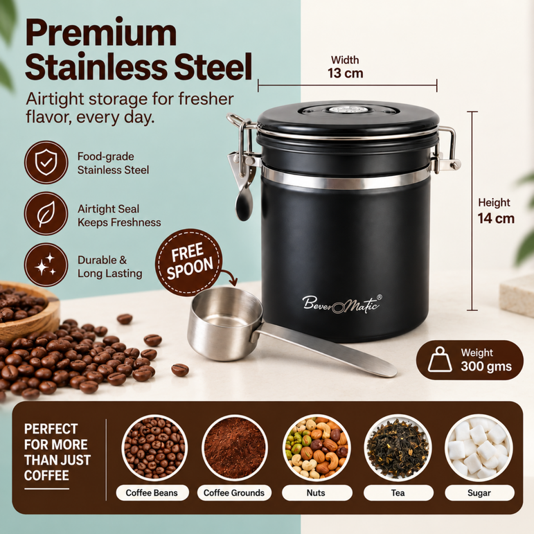Beveromatic Coffee Bean Container, Airtight Stainless Steel