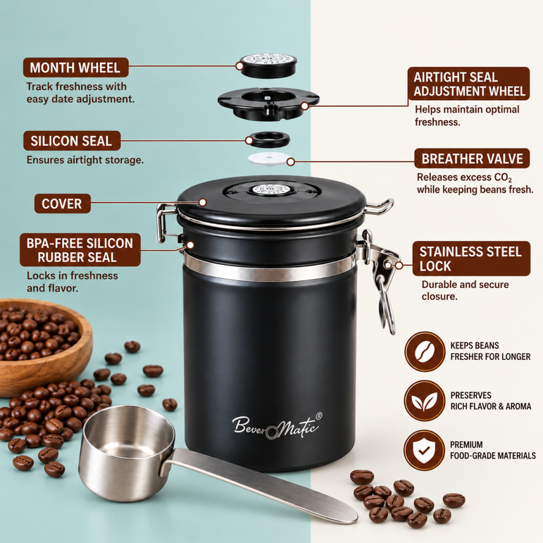 Beveromatic Coffee Bean Container, Airtight Stainless Steel